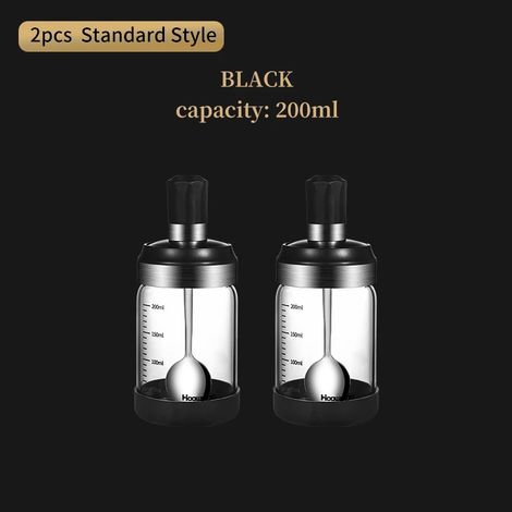 (2 pots à épices de 200 ml, noirs, sans poignée), boîte de rangement, avec cuillères (1/4)
