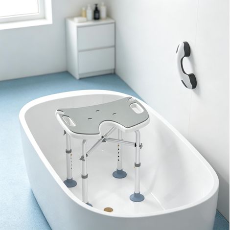 Taburete de ducha 48,5x33x39-51,5 cm de aluminio gris ajustable y estable – MEUBLIV (1/5)