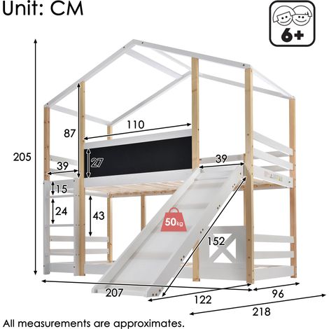 Cabane dans les arbres pour enfants avec glissière et échelle 90 x 200 cm,lit mezzanine pour enfants – 2x cadre à lattes – naturel et blanc