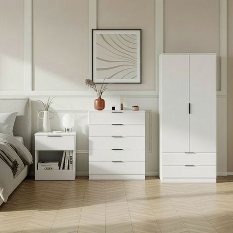 Trega 3pc Bedroom Furniture Set – 1 Drawer Bedside, 5 Drawer Chest & 2 Door Wardrobe, White