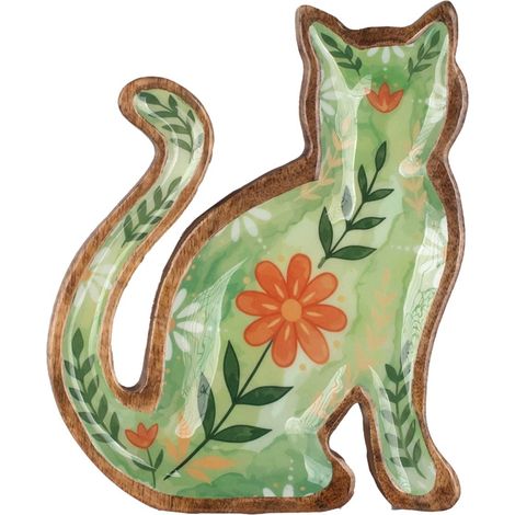 Decorazione da parete gatto in legno verde a fiori 26 cm (1/5)