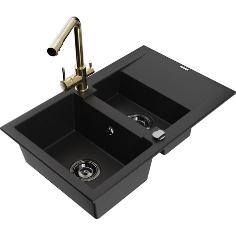 Mexen Gaspar évier en granit 1,5 bac avec égouttoir et robinet de cuisine Duero, noir - 6507-77-671600-50-B (1/5)