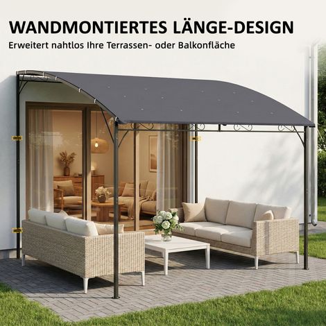 Auvent mural style pergola, structure et toit métalliques résistants aux intempéries, fixé au mur, tonnelle, dimensions 2,86 x 3,84 x 2,52 m, couleur grise