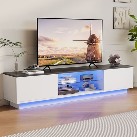 Mobile TV bianco lucido laccato con LED, 2 ante, 140x32x42 cm, spazio archiviazione, bianco e nero (1/5)