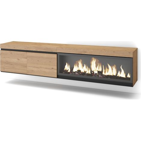 Skraut Home – Meuble TV suspendu avec cheminée électrique LED – Grand rangement chêne noir – Dimensions 208x35x45cm – Pour TV jusqu'à 80" (1/5)