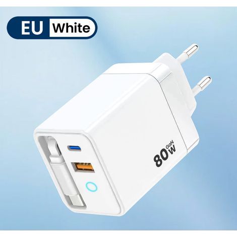 Chargeur USB C 80W avec Câble Rétractable Chargeur GaN Compact avec Rapide 3 Ports Compact rétractable Prise Secteur pour iPhone 17/16/ 15 Galaxy S25 S24 Switch Laptop (1/3)