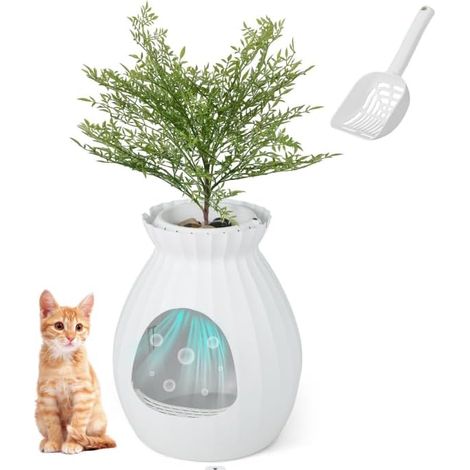 GOPLUS Bac à Litière pour Chat 63L, Contrôle Odeurs, Meuble Litière Chat Caché avec Fausse Plante, Galets, Rideau de Porte, Pelle, Facile à Nettoyer, pour Chat, 50x50x59cm (Blanc) (1/5)