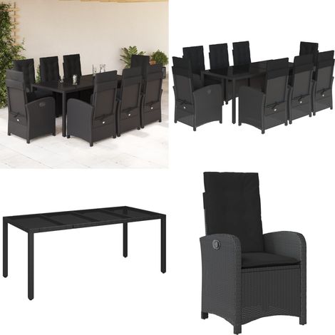 Set da Pranzo da Giardino 9 pz con Cuscini Nero in Polyrattan - Sedie da giardino reclinabili - Tavolo da giardino