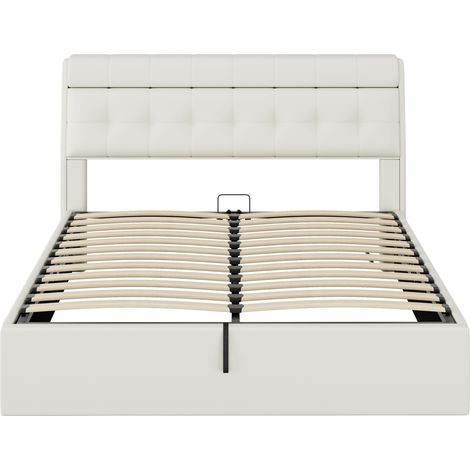 Lit rembourré élégant, 160200, lit hydraulique, tête de lit avec rangement dissimulé, coffre de lit, PU, avec sommier à lattes et tête de lit, sans matelas, Blanc (1/5)