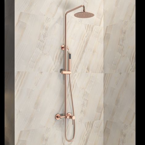 Colonna doccia fissa in acciaio inox con soffione, doccetta con flessibile e getto vasca finitura oro rosa KAM-ARTE ORO ROSA kamalu