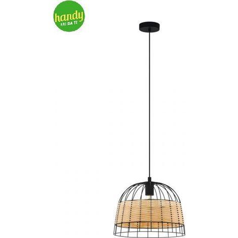 Sospensione Rustica-Country Anwick Metallo Nero E Rattan 1 Luce E27