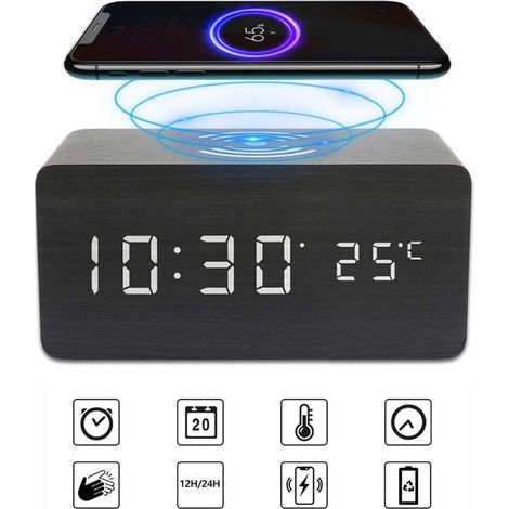 MINKUROW Termometro Digitale Sveglia Digitale A Led In Legno Sveglia Digitale In Legno Con Caricatore Wireless, Sveglia In Legno Con Caricatore A Induzione Caricabatterie Wireless Per Camera Da Letto/ (1/5)