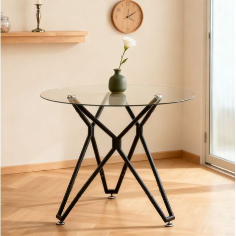 REDOM Runder Esstisch 90x90x78 cm, modernes Design, gehärtetes Glas, stabiles Metallgestell, schwarz