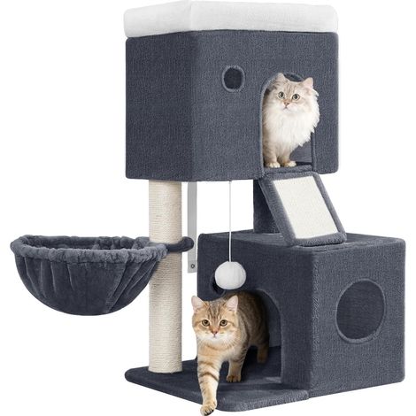 Arbre à Chat, 82 cm Tour pour Chats, Arbre à Plusieurs Niveaux avec 2 Condos Confortables, 1 Plate-Forme Moelleuse, Panier, Griffoir en Sisal, Planche à Griffer, Pompons, Gris Foncé (1/5)