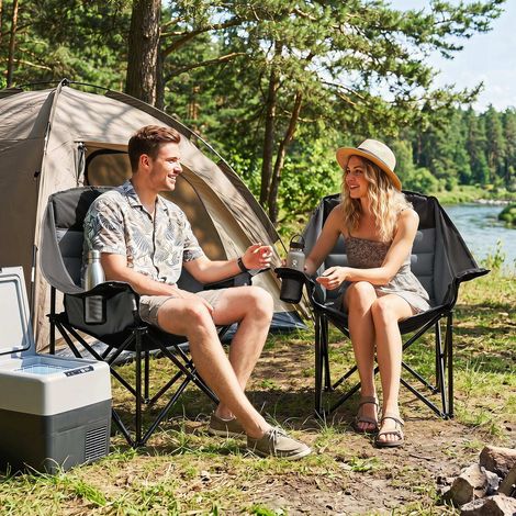 Chaise de camping pliante noire avec siège rembourré, cadre métal robuste, porte-gobelet et sac pour camping, pique-nique et jardin (1/5)