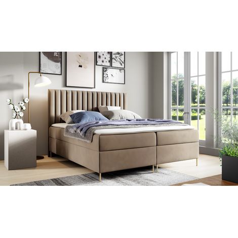 Sofello Boxspringbett KARAMELL 120x200 Bett mit Bettkasten und eingebauter Matratze + Topper Beige Velour Samtstoff Velvett goldene Beine (1/5)