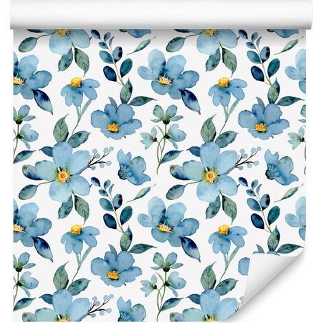 Papier peint à fleurs bleues, blanc et bleu azur pour salon et chambre 50x1000 cm (1/5)
