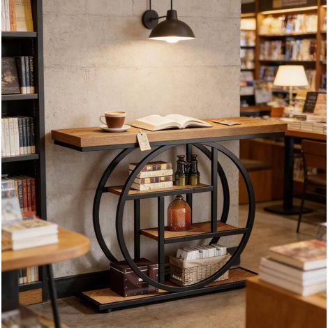 Tavolo consolle in legno e metallo nero/marrone chiaro 105 cm, 4 ripiani, stile industriale (1/5)