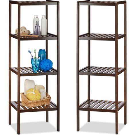 Etagère de salle de bain en bambou, lot de 2, meuble de cuisine, 4 niveaux, HxLxP : 110 x 34,5 x 33 cm, brun foncé (1/5)