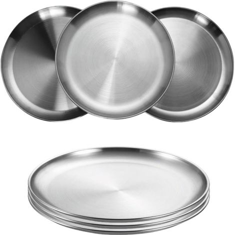 6-teiliges Edelstahl-Tellerset, runde Edelstahlteller Ø 20 cm, BPA-frei, Kuchenplatte, Fleischplatte, Reisteller für Camping, Picknicks, Wandern, Kochen, Partys (1/5)