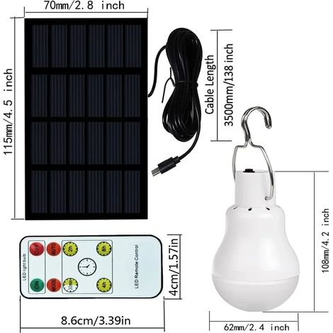 Ampoule solaire LED étanche (avec télécommande), rechargeable par USB, 5 V, à suspendre, lampe d'urgence portable et puissante pour l'intérieur et la maison. (1/5)