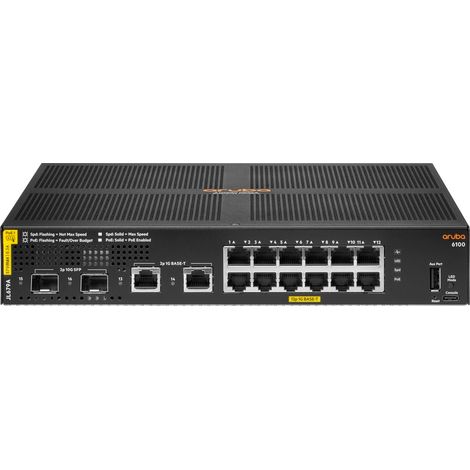 Hewlett Packard Enterprise Aruba 6100 12G Class4 PoE 2SFP+ 139W Switch Gestito L3 Gigabit Ethernet (10/100/1000) con Supporto PoE, 1U, Nero (JL679AABB) (1/3)
