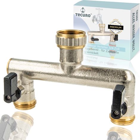 tecuro 2-Wege Verteiler 3/4 Zoll mit 2 x Kugelventil, für Zapfstelle, Messing vernickelt (1/5)