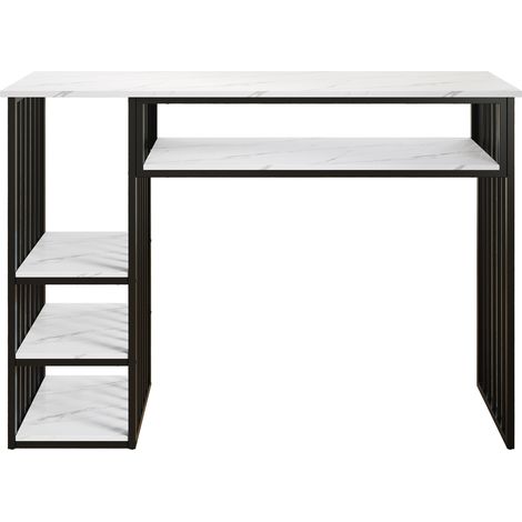 Mesa alta con estantes, 140x40x105 cm, tablero MDF efecto mármol, blanco y negro (1/5)