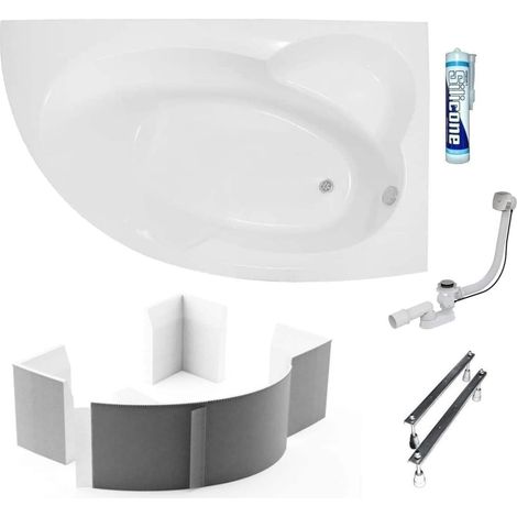 ECOLAM Baignoire de coin en acrylique asymétrique Carmen 170x100 cm version droite support en polystyrène à carreler siphon + silicone (1/5)