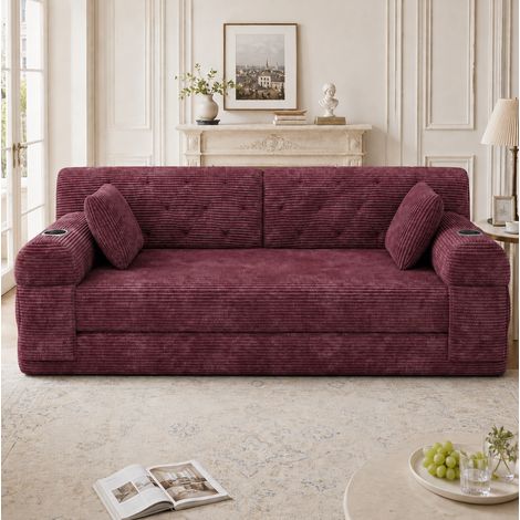 Divano letto 2 posti in velluto a coste bordeaux, schienale alto, struttura in metallo, 168 cm (1/5)