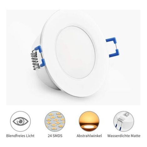 Juego de luces LED empotrables de techo, 5W, 230V, 3000K, 500 lúmenes, lámpara de techo empotrable plana ultradelgada, resistente al agua, IP44 para baño, cocina, dormitorio, etc. (blanco, redondo) (1/5)