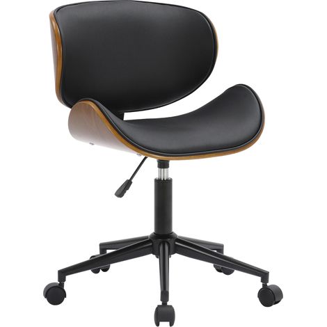 Chaise de bureau sue roulettes avec cadre en bois courbé marron assise rembourrés en similcuir noir BUR10704