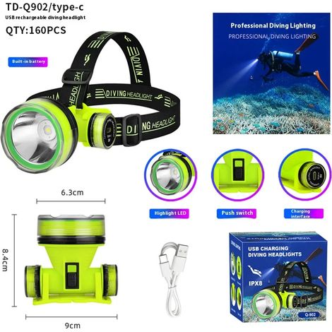 Lampe frontale de plongée rechargeable portable (grand format) - Étanche - Ultra-lumineuse - Lampe frontale pour la plongée et la pêche (1/4)
