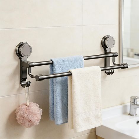 Porte-serviettes mural avec ventouses puissantes, double crochets et installation sans perçage pour salle de bain, douche, petits espaces, noir
Couleur: Noir (1/5)