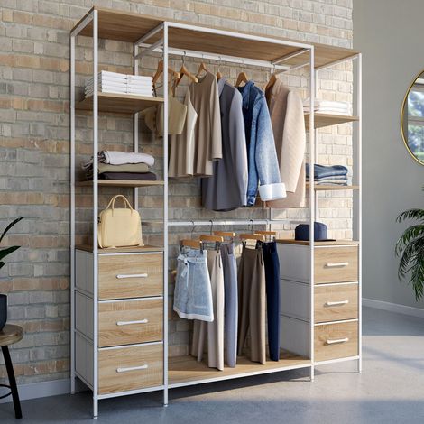 UTAH armario doble + columna doble L. 140 cm con 6 estantes y 6 cubos en madera y tela blanca