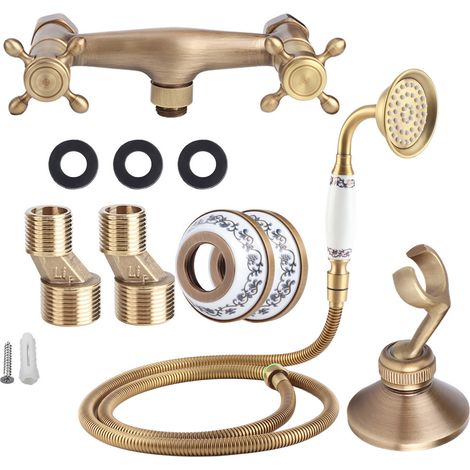 Kit Douche Rétro en Cuivre avec Tête de Douche, Flexible et Support Installation Encastrée Accessoires Salle de Bain (1/5)
