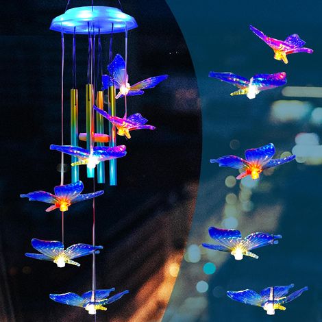 Carillon solaire d'extérieur décoratif, cadeau d'anniversaire pour la fête des mères, grand-mère, maman et famille, accessoire pour carillon de jardin et de cour (papillon bleu) (1/5)