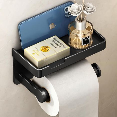 Porte Papier Toilette Mural, Derouleur Support Papier Toilette Murale avec étagère sans Percage Porte Papier WC Adhésif DéVidoir Papier Toilette Toilet Paper Holder(Noir) (1/5)