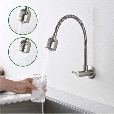 Wall-mounted cold water tap with memory foam spring, single-lever sink mixer in brushed stainless steel, choice of 2 spray modes (1/4)