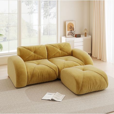 Divano 2 posti modulare con pouf chenille giallo OKMYHOME (1/5)