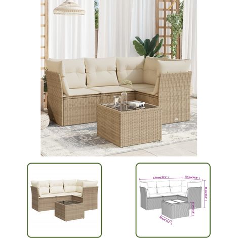 The Living Store 5-tlg. Garten-Sofagarnitur mit Kissen Beige Poly Rattan - Gartenmöbel Set - PE-Rattan Möbel - Outdoor Sofa - Lounge Set - Esstisch (1/3)