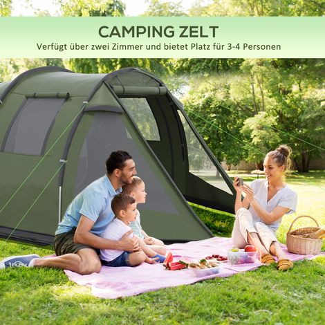 Tente de camping 3-4 personnes, double chambre, fenêtres moustiquaires, couleur verte, dimensions 4,75 x 2,64 x 1,72 m (1/4)