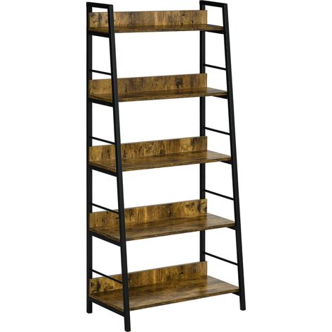 Schräges Bücherregal im Industriestil mit 5 Ebenen, 70x35x150 cm, Designer-Wandaufbewahrung, Retro-Regaleinheit aus Metall und Holz, schmales Bücherregal für Wohnzimmer oder Büro.