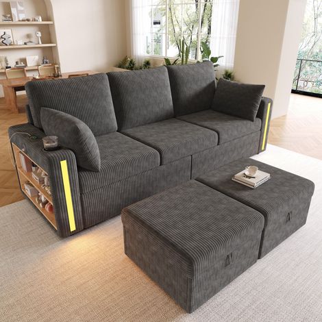 Canapé Modulable U/L 3 Places 190x130x85 cm, 2 Poufs Coffres, 2 Tiroirs, LED App/Télécommande, USB et Type-C, Velours Côtelé - Gris (1/5)