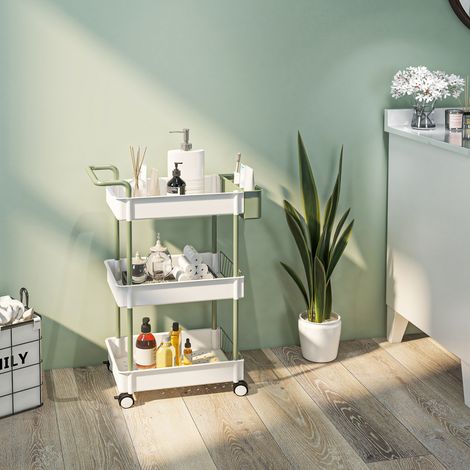 Carrello bagno 50x29,4x77 cm bianco con 3 ripiani, ruote e cestello sospeso (1/5)