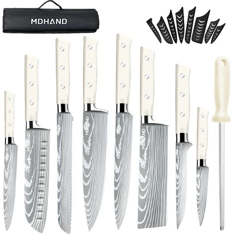 Juego de cuchillos de chef, acero inoxidable de alto contenido en carbono, mango ergonómico de madera, color blanco. (1/2)
