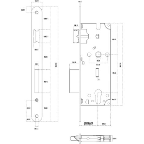 SACAR - SERRATURA PER PORTE CON FORO 60MM - CILINDRO DA INFILARE 22MM - LUNGHEZZA 210MM - ACCIAIO OTTONATO
