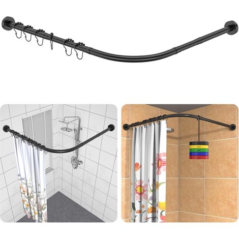 Tringles de Rideau de Douche Type L, Barre de Rideau de Douche Sans Perçage, 75-105x115-175 cm, Avec 18 Anneaux en Acier Inoxydable 304, Aucun Support de Plafond Requis, Pour Douche - Noir Mat (1/5)