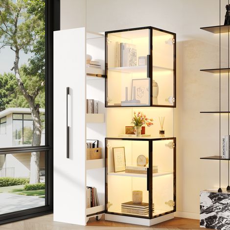 Modernluxe - Vitrine 70x38x160 cm - Avec étagères latérales coulissantes - Éclairage LED - 4 portes vitrées - MDF - Blanc (1/5)