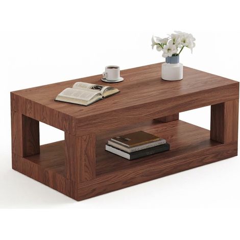 ELVMI Tavolino da Salotto Rettangolare a Due Livelli con Ripiano Aperto, Stile Industriale, MDF, Noce (1/5)